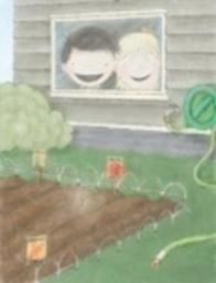 Two kids looking out the window at their garden