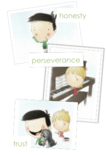 Illustrations from E Is for Ethics showing honesty, perseverance, and trust